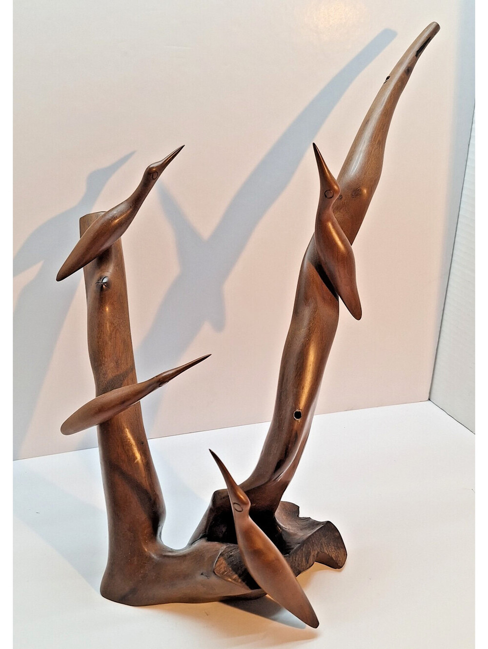 Vintage Mid-Century Modern Hand-Carved Wood 4 Bird Sculpture - 1960s Organic 16